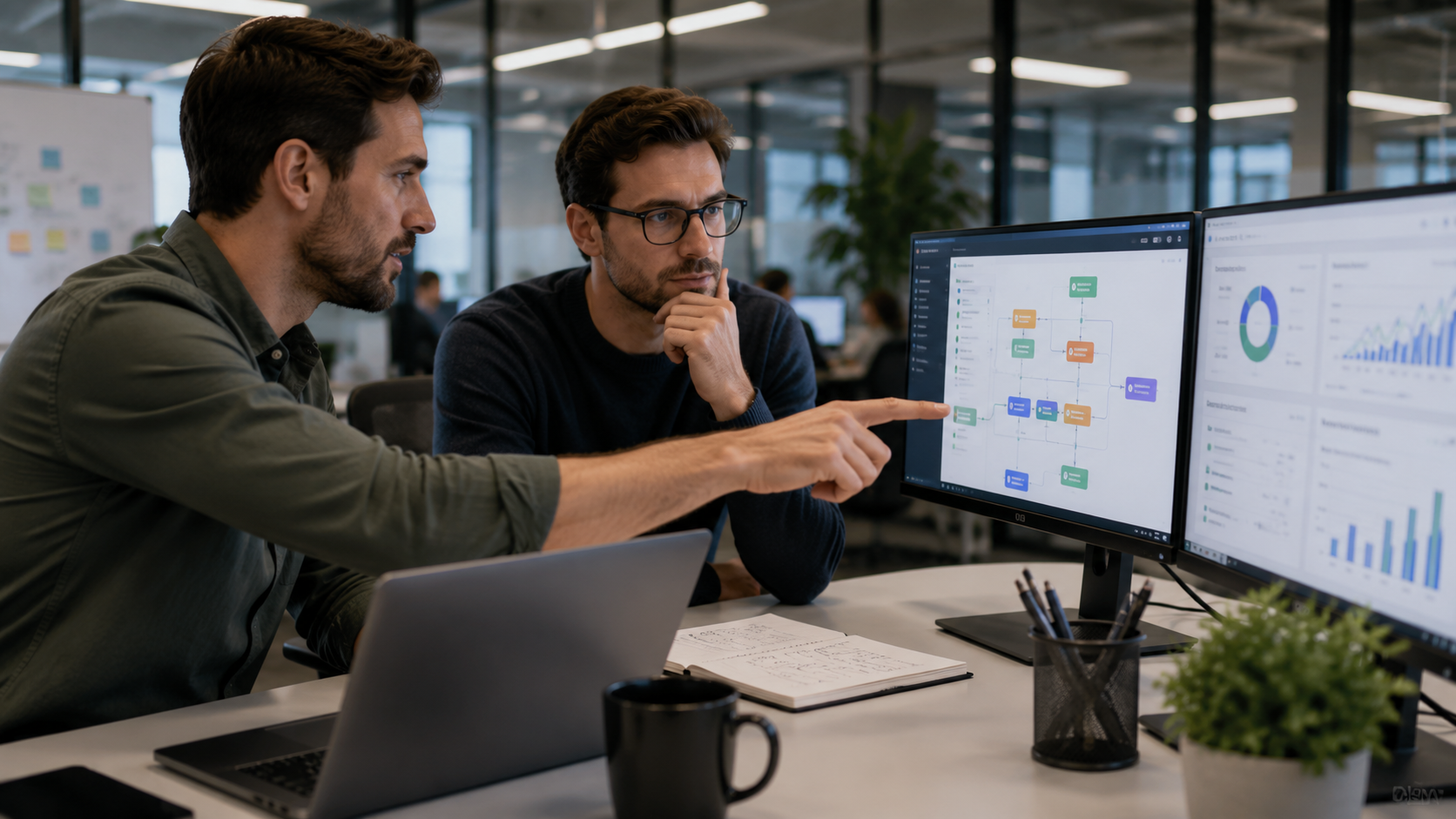 Two software colleagues reviewing a workflow automation dashboard on office monitors