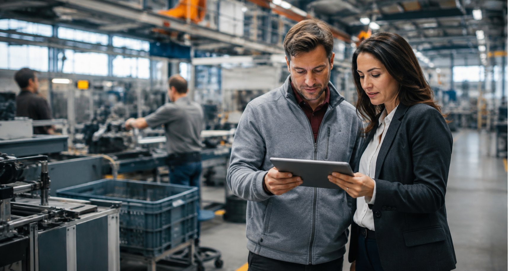 Two managers reviewing hiring data on a tablet inside a manufacturing facility